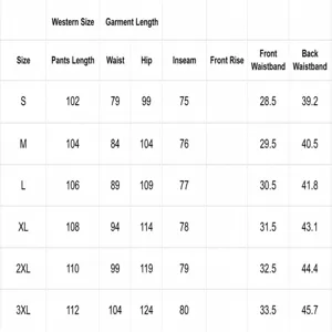 Detailed size chart for men's casual striped cargo pants showing measurements from S to 3XL