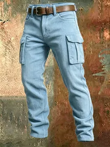 Men's light blue corduroy cargo pants with slim fit design and multiple pockets detail