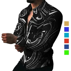 Herren Slim Fit Langarm Bedrucktes Freizeit Hemd Mode Marmor Wirbel Druck Revers Knopf Oben Polyester Top Frühling Herbst