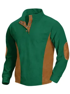 Men's casual standing collar green corduroy top with brown side and elbow patches