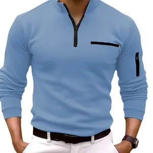 Herren Polohemd in Hellblau, Langarm mit Reißverschluss und Tasche am Ärmel