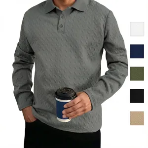 Men's Casual Long Sleeve Polo Shirt Business Jacquard Herringbone Pattern Lapel Button Top For Autumn Spring Everyday Wear