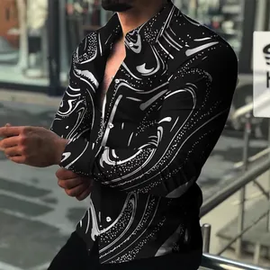 Schickes Herren-Langarmhemd in Slim Fit mit schwarz-weißem, abstraktem Wirbelmuster-Print