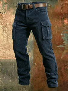 Men's navy corduroy cargo pants with slim fit and side pockets for outdoor wear.