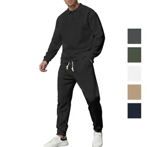 Herren Casual Weizenstruktur Langarm Polo Shirt und Hosen Set Sportlich Zweiteiliges Outfit für Frühling Herbst Outdoor Alltag