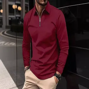 Herren Langarm-Poloshirt in Burgund mit Reißverschlusskragen, einfarbig