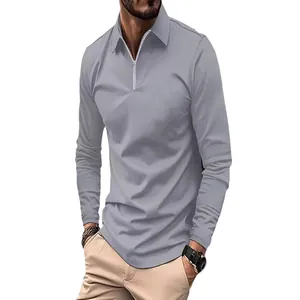 Lässiges graues Langarm-Poloshirt für Herren mit Viertel-Reißverschluss und Kragen