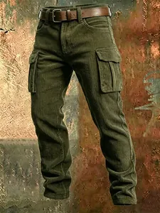 Detail of olive green corduroy cargo pants with multi-pockets and slim fit design
