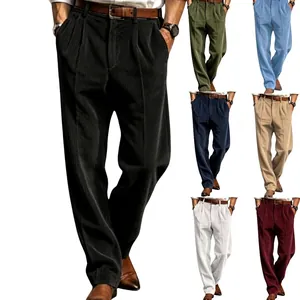 Men Corduroy Casual Dress Pants Straight Leg Pleated Business Commuting Trousers Solid Color Retro High Grade Full Length Pants