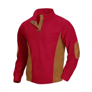 Men's casual red corduroy long sleeve shirt with stand collar and contrast patches