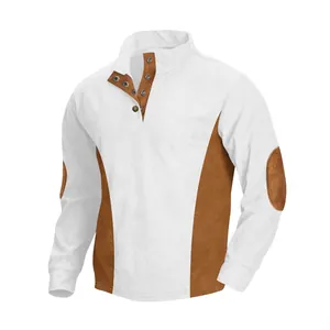 Men's casual white corduroy long sleeve shirt with brown suede patches and stand collar