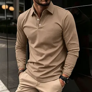 Close-up of a men's khaki long-sleeve polo shirt with fine texture and button-down collar