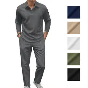 Herren Texturiertes Polo-Shirt Und Hose Set Lässig Langarm Sport Oberteil Und Unterteil Jacquard-Gewebe Trainingsanzug