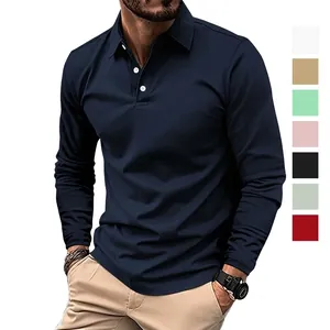Men Long Sleeve Polo Shirt Casual Business Solid Color Cotton Blend Lapel Button Top Fashion Urban Style Sport Polo Top