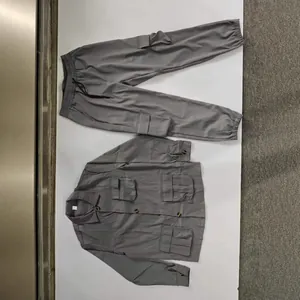 Heren vintage cargo jas en broek set met meerdere zakken grijs