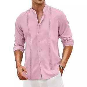 Lichtroze herenoverhemd van katoen en linnen in Guayabera-stijl met geborduurde details