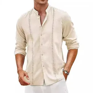Heren casual katoenen linnen strandshirt met opstaande kraag en sierstiksel