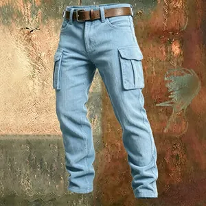 Men's outdoor slim fit light blue corduroy cargo pants with multi-pockets and brown belt.