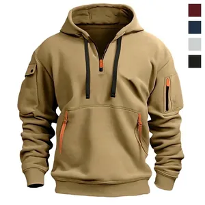 Sudadera con Capucha Táctica Informal para Hombre Media Cremallera Multibolsillos Forro Polar Liso para Otoño Invierno