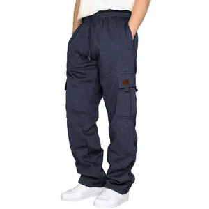 Detail view of navy blue men's cargo sweatpants with functional side pockets