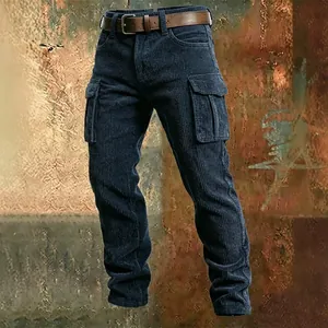 Men's navy blue corduroy cargo pants with multiple pockets and slim fit design