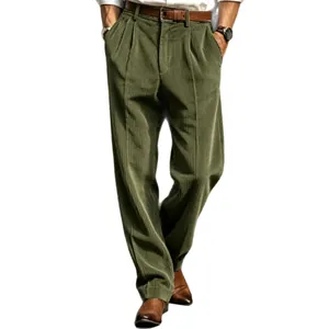 Men's olive green corduroy straight-leg trousers styled for a casual business look