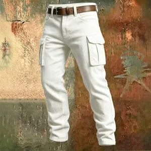 Men's white corduroy cargo pants slim-fit design with multiple utility pockets