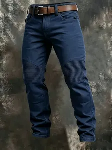 Men's dark blue outdoor cotton work pants with spliced striped knee details and belt