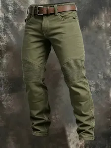Detailed view of olive green cotton tactical pants showing ribbed knee stitch and belt