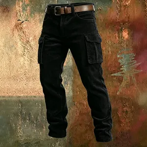 Men's black corduroy cargo pants with slim fit, multi-pockets and leather belt