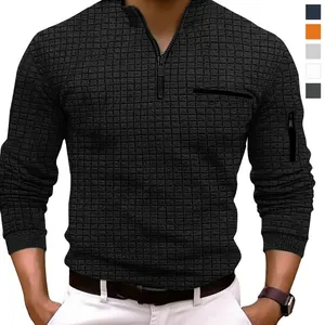 Men's Long Sleeve Waffle Check Polo Shirt Quarter Zip Stand Collar Casual Golf Polo Top with Arm Zipper Pocket