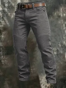 Detailed close-up of men's dark grey cotton cargo pants with pleated knee stitching
