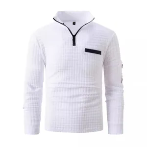 White men's grid textured quarter-zip long sleeve polo shirt with sleeve pocket