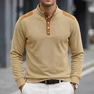 Polo da uomo a manica lunga in maglia waffle con colletto alla coreana e inserti