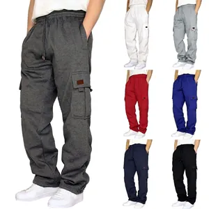 Men's Cargo Pants Fleece Lined Jogger Sweatpants Polyester Drawstring Waist Multi Pocket Casual Bottoms For Outdoor Sports