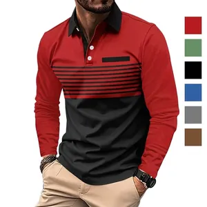 Men's Patchwork Long Sleeve Polo Shirt Casual Polyester Cotton Blend Turndown Collar Sporty Top With Chest Pocket Detail