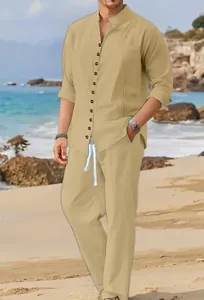 Men's casual beige linen-look long-sleeve shirt and pants beach set outfit