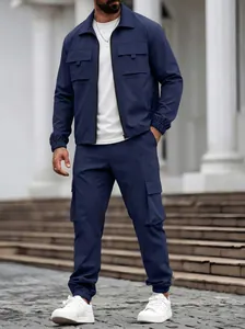Full view of men's navy blue multi-pocket casual workwear jacket and cargo pants suit