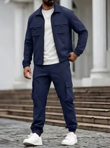 Full-length detail of a men's navy blue cargo jacket and trousers casual two-piece set
