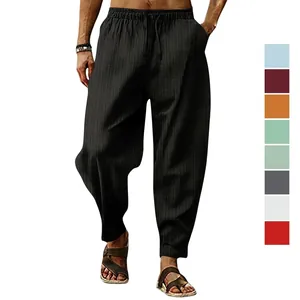 Men Striped Cotton Linen Casual Pants Breathable Loose Fit Drawstring Waist Summer Beach Hip Hop Trousers With Pockets