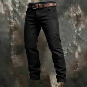 Men's black 100% cotton outdoor cargo pants featuring pleated knee patchwork and brown belt