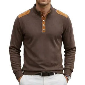 Polo da uomo a maniche lunghe con collo a listino e dettagli patchwork sulle spalle
