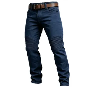 Men's navy blue cotton cargo pants with pleated knee panels and brown leather belt