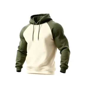 Sudadera con capucha raglán vintage para hombre en color block verde oliva y crema