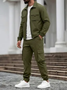 Close-up detail of men's olive green two-piece cargo utility outfit with pockets