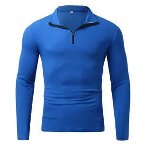 Men's blue long sleeve ribbed polo shirt with a half-zipper neckline and casual style