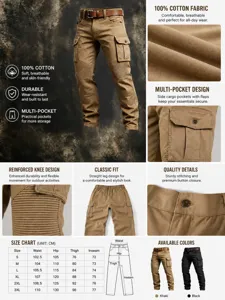 Detailed infographic of men's cotton cargo pants featuring size chart and pockets
