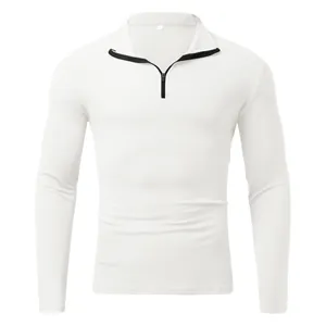 White long-sleeved polo shirt for men featuring a quarter-zip and ribbed texture