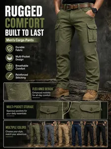Detailed features of men's rugged cargo pants highlighting multi-pockets and flex knees