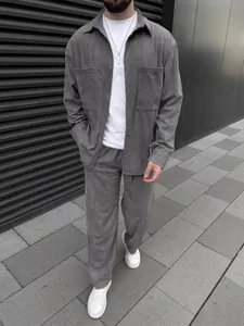 Men's grey corduroy two-piece set with long-sleeve shirt and matching casual trousers